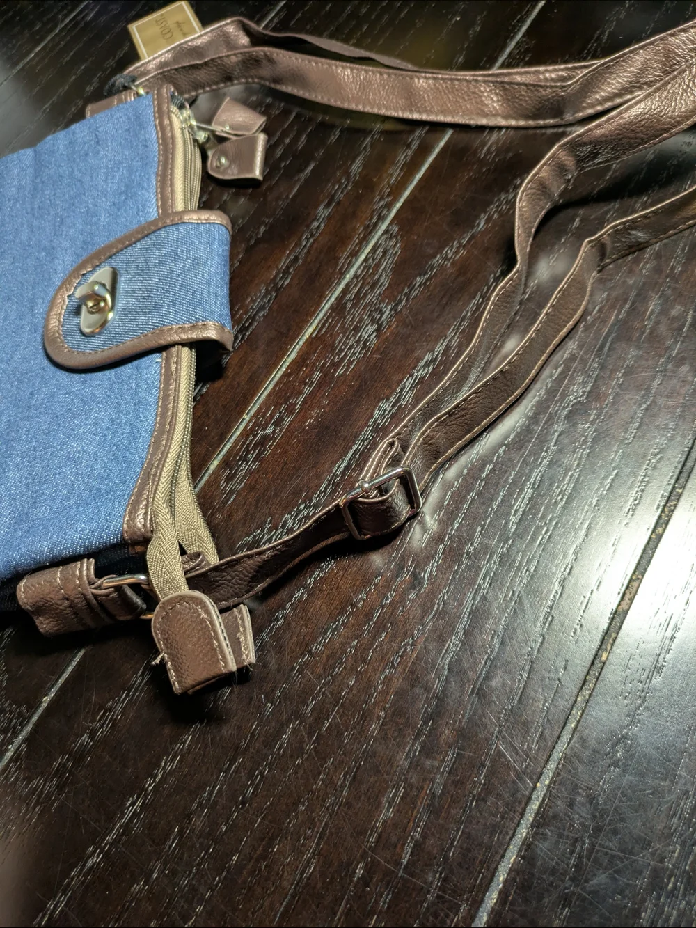 Gold Coast Denim Handbag Bag And Matching Watch - Blue with Brown Trim